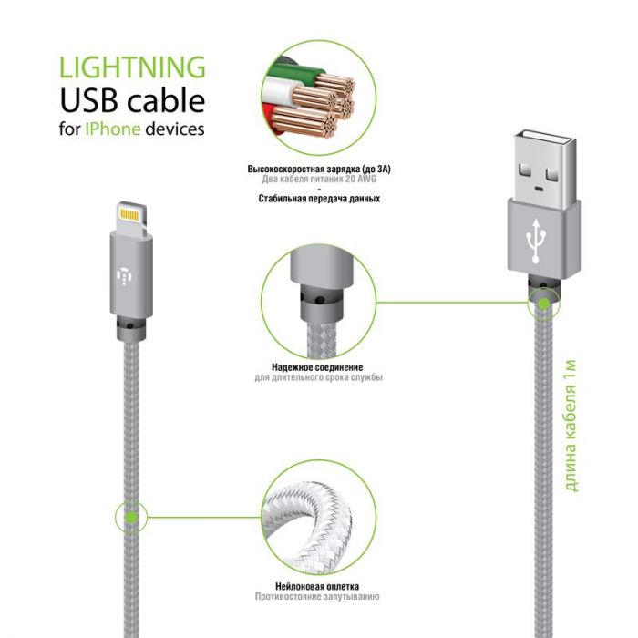 Кабель Intaleo CBGNYL1 USB - Lightning (M/M), 1 м, Grey (1283126477652)