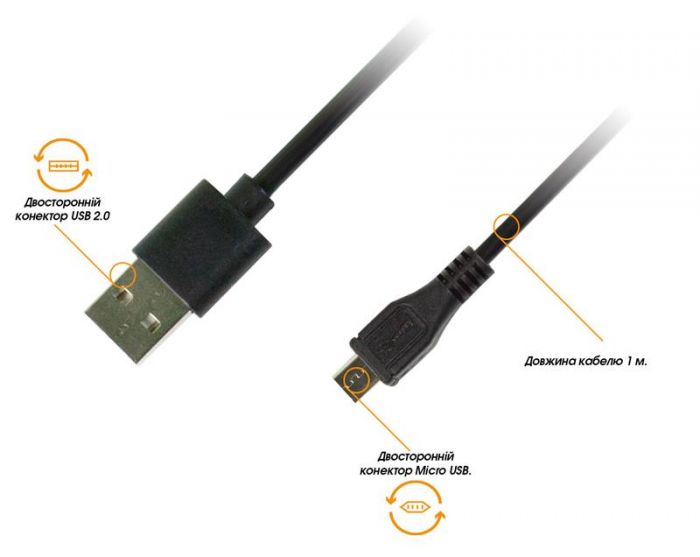 Кабель Piko USB - micro USB V 2.0 (M/M), реверсивний, 1 м, Black (1283126474101) 