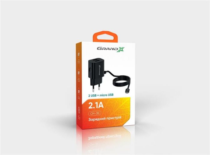 Мережевий зарядний пристрій Grand-X (2xUSB 2.1A) Black (CH-35B) + кабель microUSB