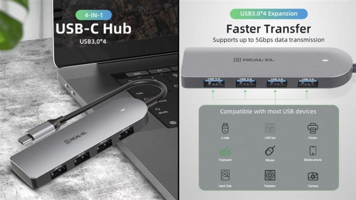 USB-хаб REAL-EL CQ-415 USB Type-C 4-в-1