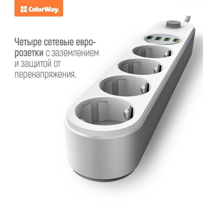 Фільтр живлення ColorWay CW-CHE44W 4 розетки, 4 USB, 2 м, білий