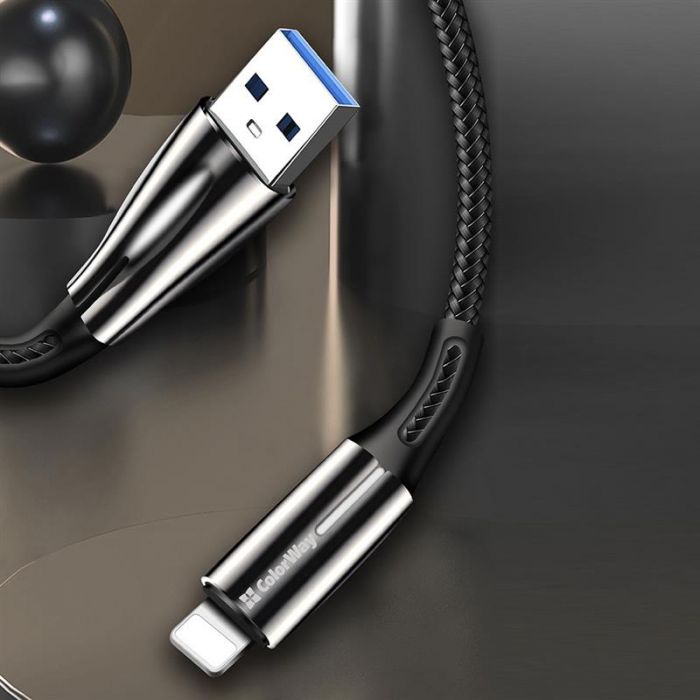 Кабель ColorWay USB - Lightning (M/M), 2.4 А, Zinc Alloy + Led, 1 м, Black (CW-CBUL035-BK)