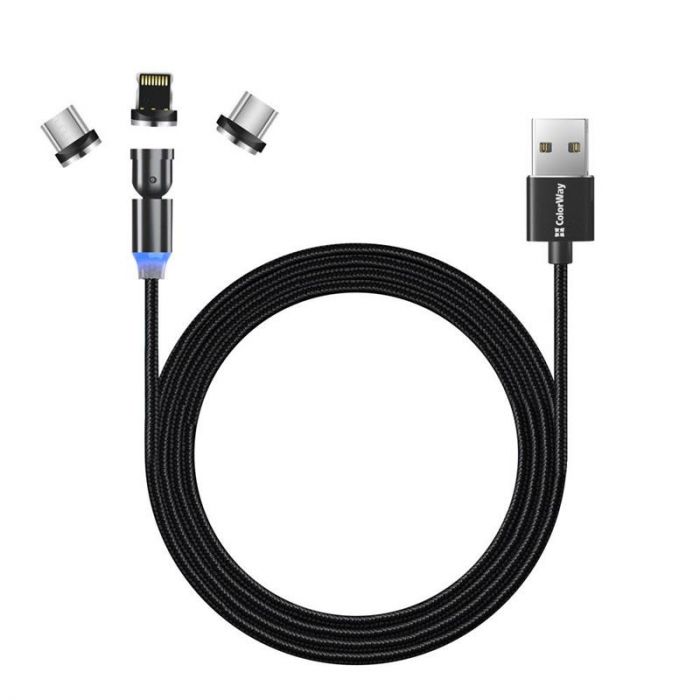 Кабель ColorWay USB-Lightning + microUSB + USB-C Magnetic Rotation 540°, 2.4А, 1м, Black (CW-CBUU037-BK)