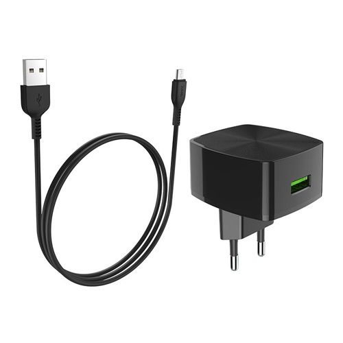 Зарядний пристрій Hoco C70A Cutting-Edge (1USB, 3А) QC3.0 Black (6931474706645) + кабель MicroUSB