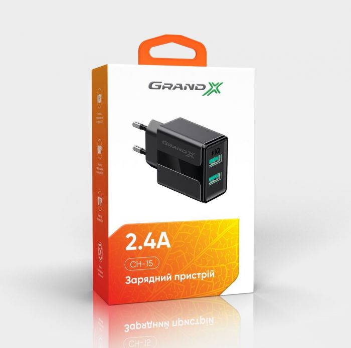 Мережевий зарядний пристрій Grand-X CH-15B (2xUSB 2.1A) Black