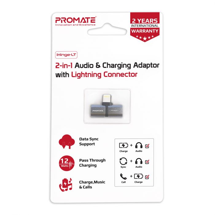 Адаптер Promate iHinge Lightning - 2хLightning (M/F) Grey