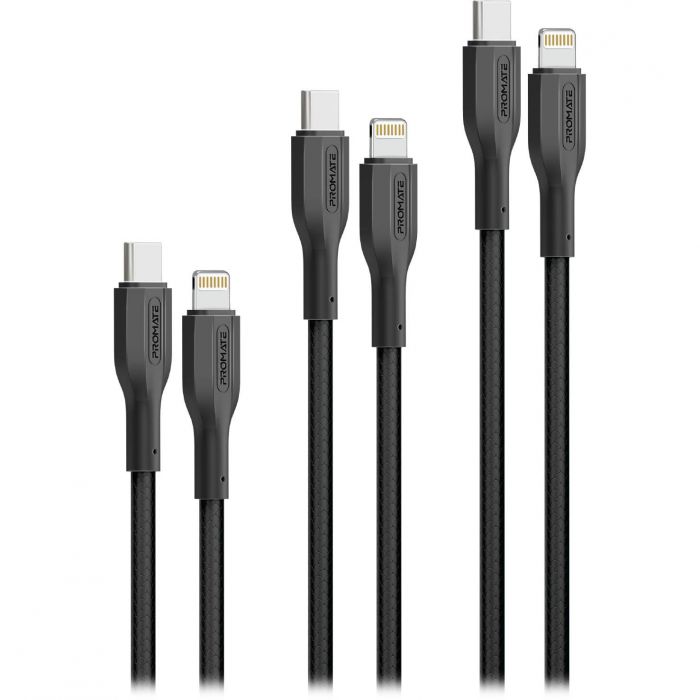 Комплект кабелів Promate USB Type-C - Lightning (M/M), 3A, 27W, 0.3 м, 1.2 м, 2 м Black (cablekit-ci)