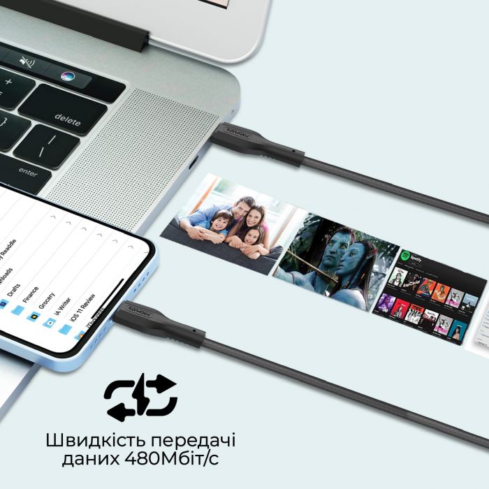 Комплект кабелів Promate USB Type-C - Lightning (M/M), 3A, 27W, 0.3 м, 1.2 м, 2 м Black (cablekit-ci)
