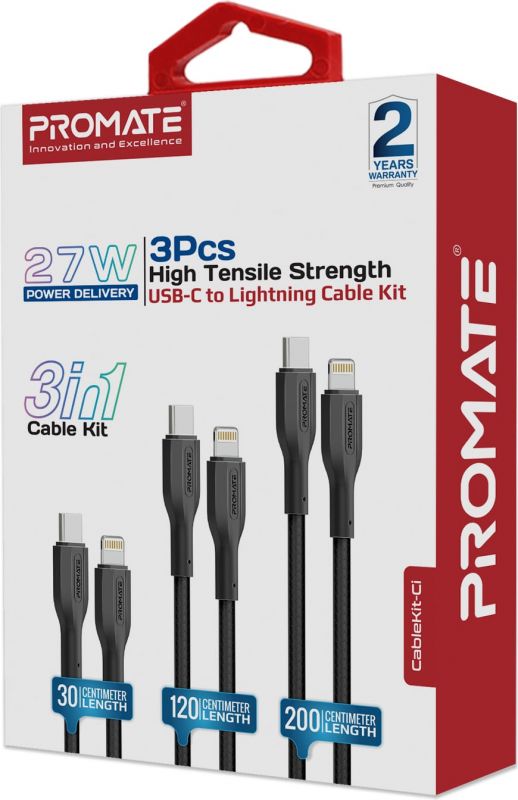 Комплект кабелів Promate USB Type-C - Lightning (M/M), 3A, 27W, 0.3 м, 1.2 м, 2 м Black (cablekit-ci)