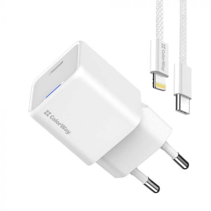 Мережевий зарядний пристрій ColorWay GaN Mini 20W PD Port PPS USB-C White (CW-CHS059PD-WT) + кабель Lightning