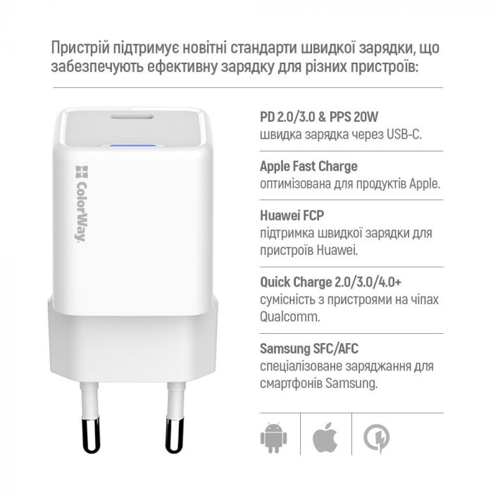 Мережевий зарядний пристрій ColorWay GaN Mini 20W PD Port PPS USB-C White (CW-CHS059PD-WT) + кабель Lightning