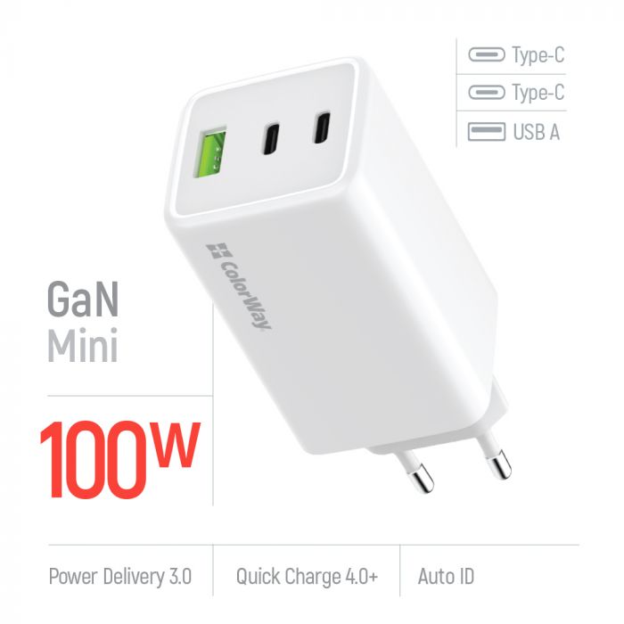 Мережевий зарядний пристрій ColorWay GaN Mini 100W PD Port PPS USB (USB-2C1A) White (CW-CHS061PD-WT)