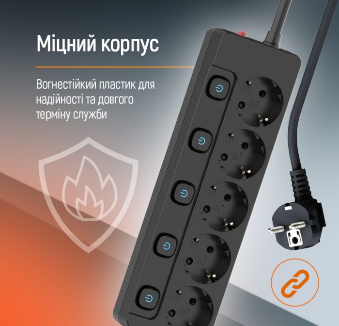 Фільтр живлення СolorWay (CW-PSEA55SBK) 5 розеток, 5м, Black