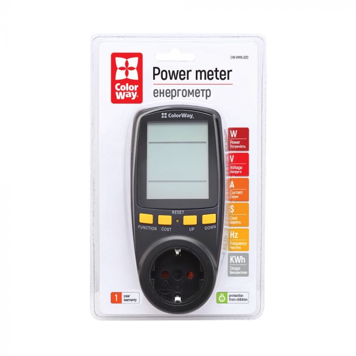 Енергометр цифровий (W/V/A/C/Hz/KWh) СolorWay для розетки (16A/3680W) (CW-VM16-02D)