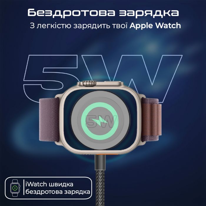 Кабель Promate USB Type-C - 2хUSB Type-C 100W Apple Watch Charger 5W (M/M), 5A, 1.4 м, Black (fusion-ccw.black)