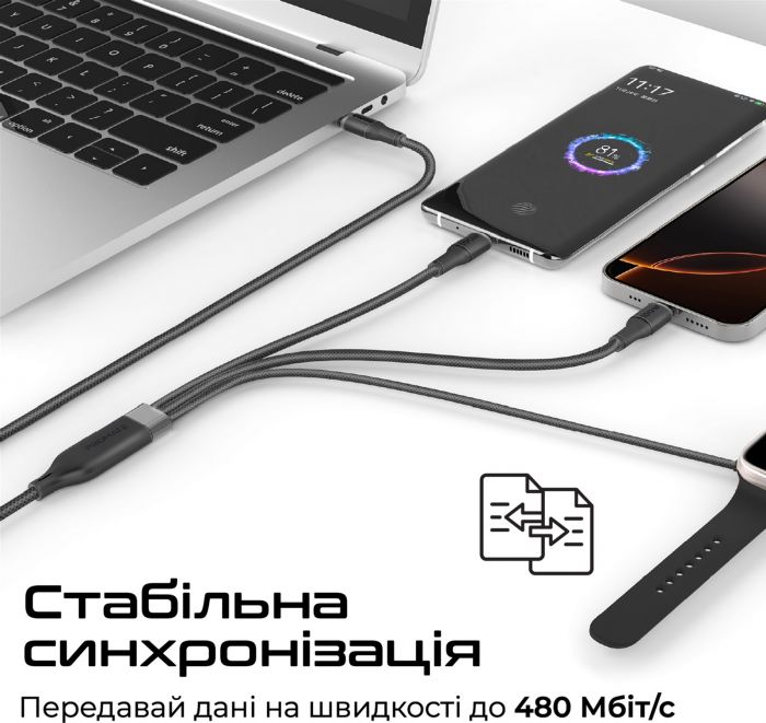 Кабель Promate USB Type-C - 2хUSB Type-C 100W Apple Watch Charger 5W (M/M), 5A, 1.4 м, Black (fusion-ccw.black)