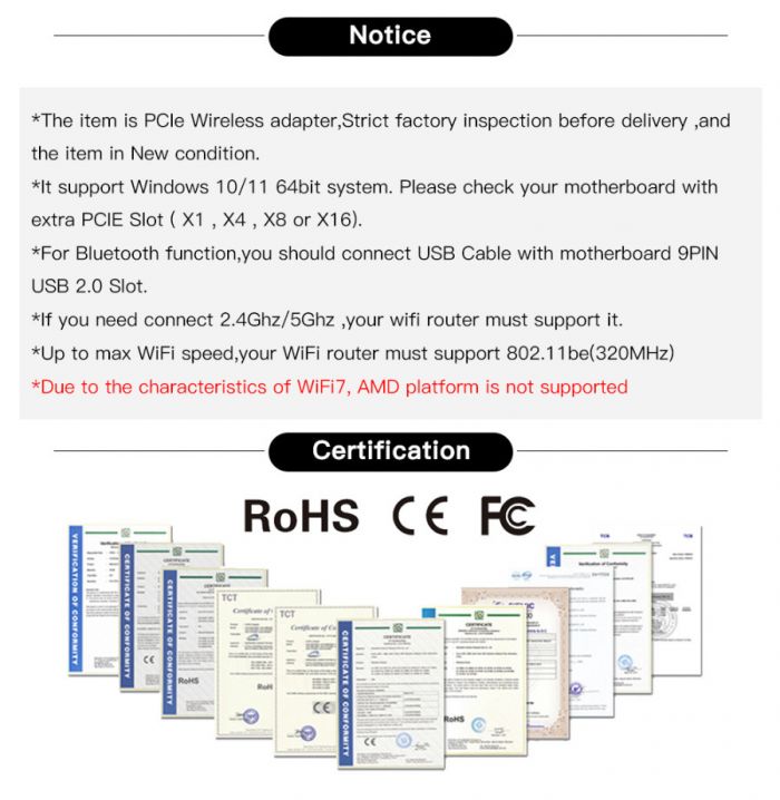 Бездротовий адаптер Fenvi FV-BE8800Pro Wi-Fi 7, Bluetooth 5.4 Gaming Tri Band 2.4G/5G/6GHz
