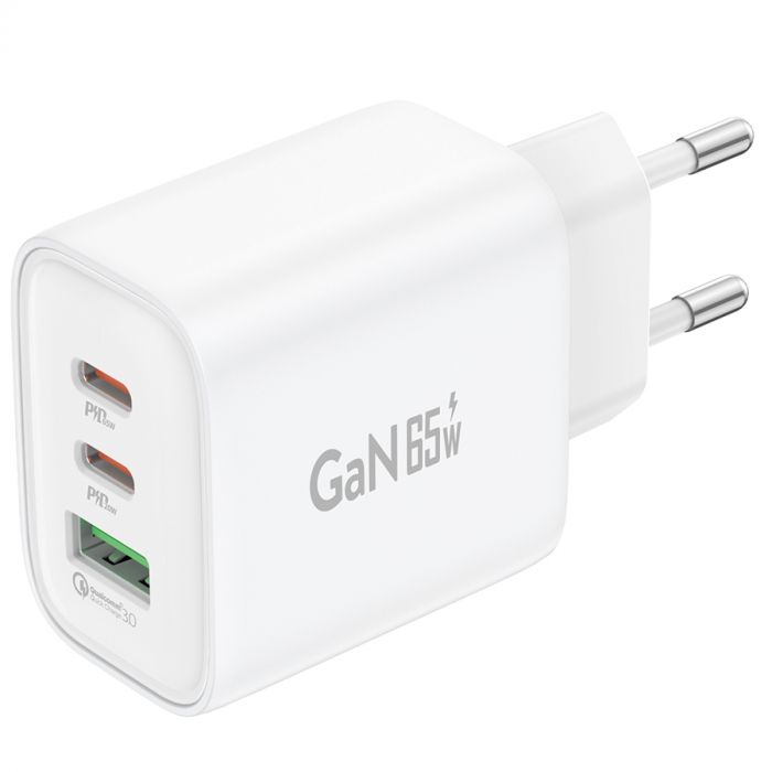 Зарядний пристрій Foneng GaN10 (1хUSB, 2хUSB-C) 65W White (GaN10-EU-CH-TC-W) + кабель USB Type-C