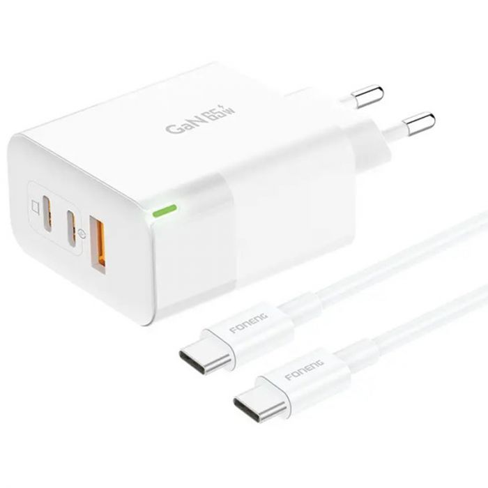 Мережевий зарядний пристрій Foneng GAN65 USB-A 2xUSB-C GaN 65W White + кабель USB-C