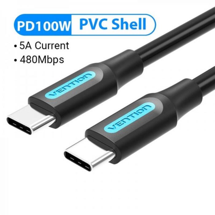 Кабель Vention USB Type-C - USB Type-C (M/M) TPE Round PD 100W, 5A, 0.5 м, Black (COTBD)