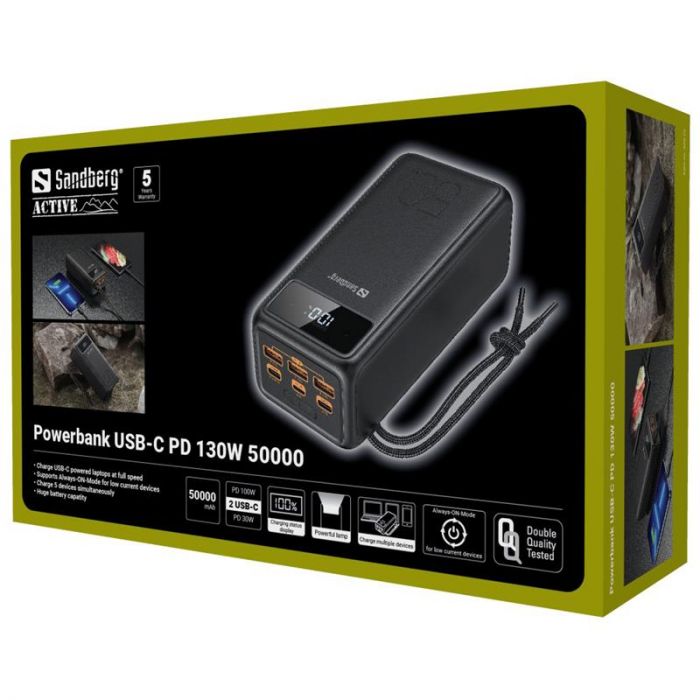 Універсальна мобільна батарея Sandberg Powerbank 50000mAh, USB-C PD 130W, Black (420-75)