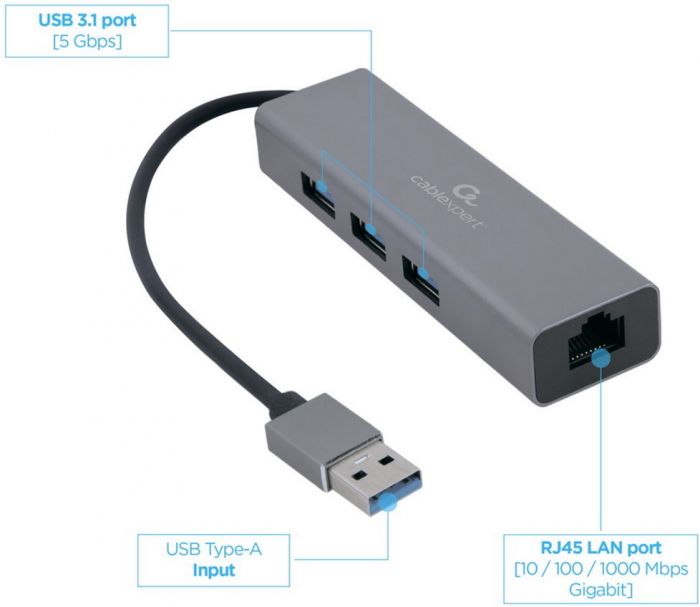 USB-хаб Cablexpert 4 ports USB 3.0 Grey (A-AMU3-LAN-01)