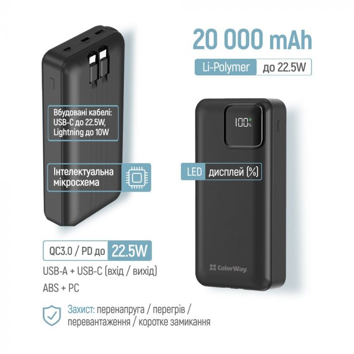 Універсальна мобільна батарея ColorWay Optimal Power 20000mAh Black (CW-PB200LPB5BK-PDD)