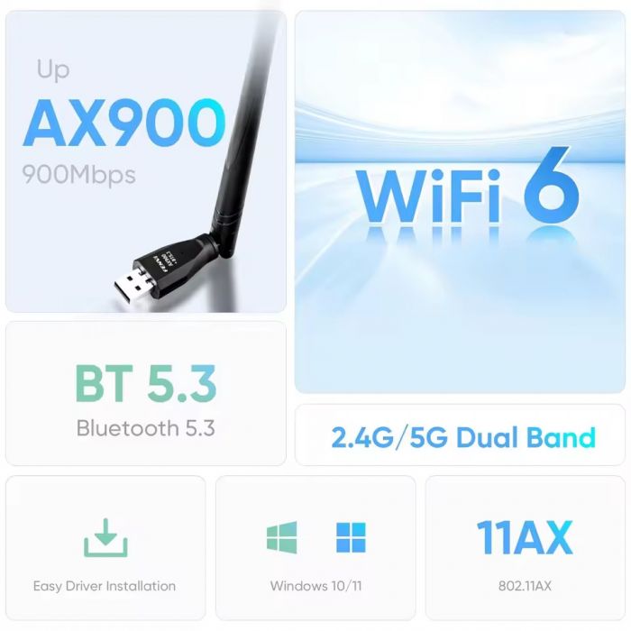 Бездротовий адаптер Fenvi FU-AX900ВT Wi-Fi 6, Bluetooth 5.3 Dual Band 2.4G 5G