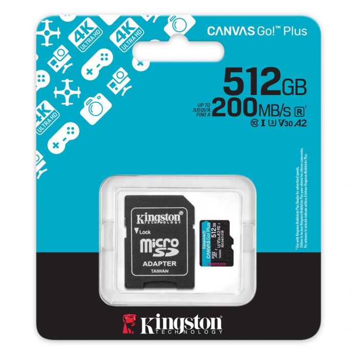 Карта пам`яті MicroSDXC   512GB UHS-I/U3 Class 10 Kingston Canvas Go! Plus R200/W160MB/s + SD-адаптер (SDCG4/512GB)