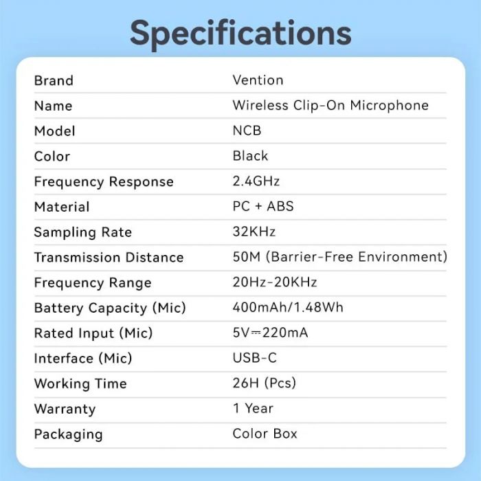 Мікрофон Vention USB Type-C 2-Pack Wireless Lavalier Black (NCBB0)