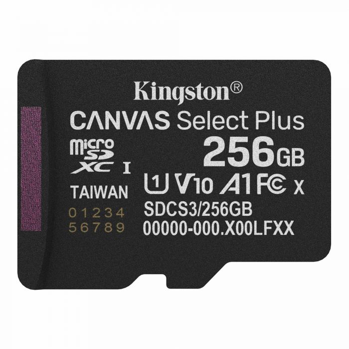 Карта пам`яті MicroSDXC 256GB UHS-I Class 10 Kingston Canvas Select Plus R150MB/s + SD-адаптер (SDCS3/256GB)