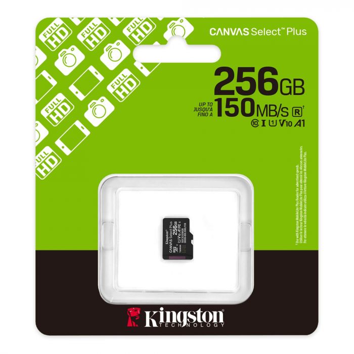 Карта пам`яті MicroSDXC 256GB UHS-I Class 10 Kingston Canvas Select Plus R150MB/s + SD-адаптер (SDCS3/256GB)