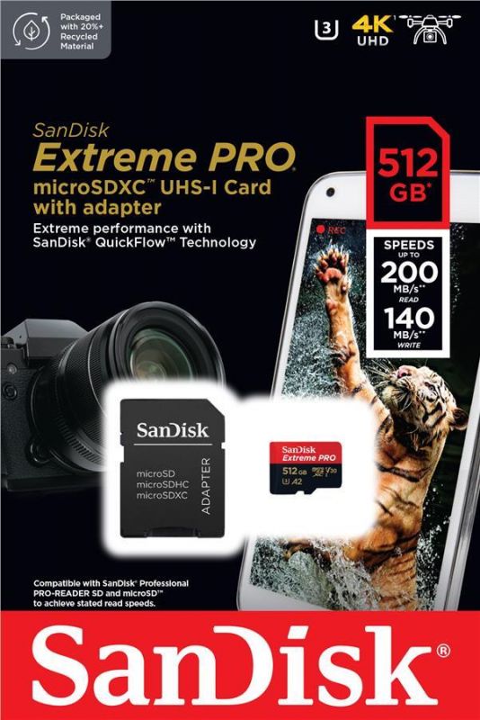 Карта пам`ятi MicroSDXC 512GB UHS-I U3 R200/W140MB/s SanDisk Extreme Pro V30 + SD-адаптер (SDSQXCD-512G-GN6MA)