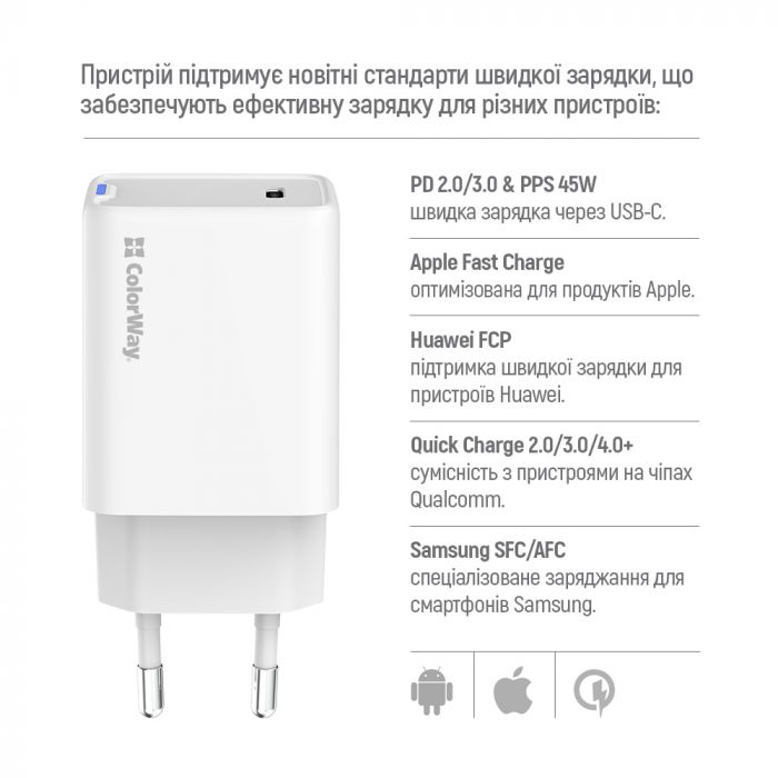 Мережевий зарядний пристрій ColorWay GaN Mini 45W PD Port PPS USB-C White (CW-CHS057PD-WT)