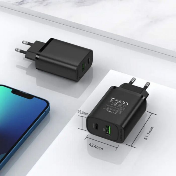 Мережевий зарядний пристрій Vention USB Type A + QC3.0 USB-C + QC4.0 (38W), Black (FBIB0-EU)