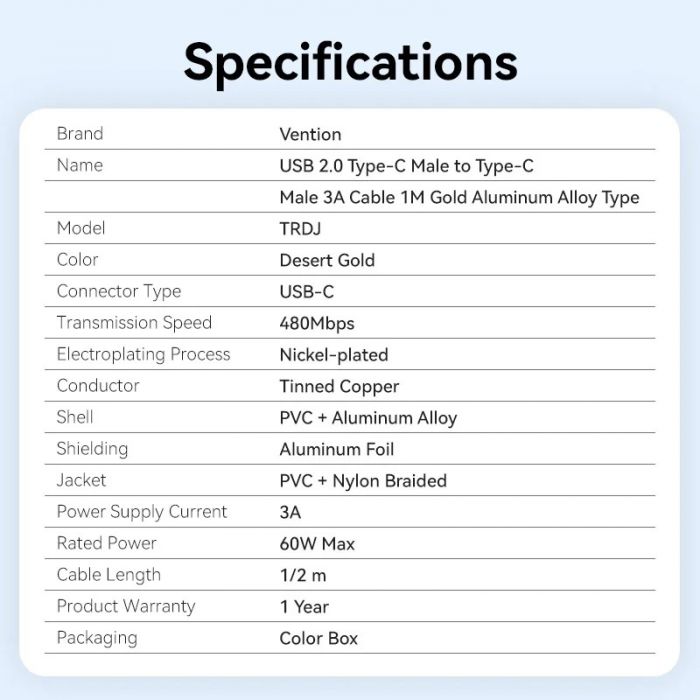 Кабель Vention USB Type-C - USB Type-C (M/M), 60W, 3A, 2 м, Copper (TRDJH)