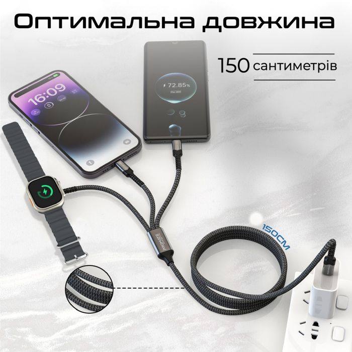 Кабель Promate USB Type-C - USB Type-C (M/M) Lightning 27W 60W Apple MagSafe 1 2.5W, 4A, 1.5 м, Black (icharge-trio.black)