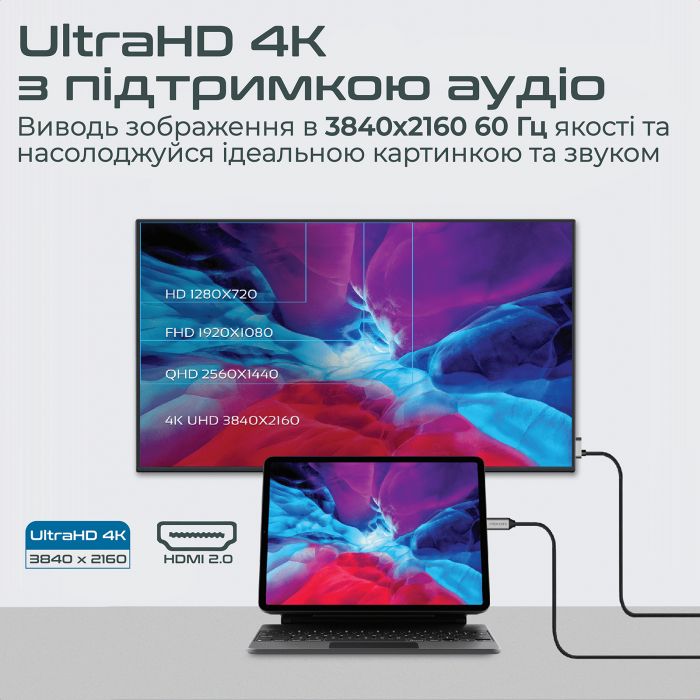 Кабель Promate HDMI-PD100 USB Type-C - HDMI V 2.0 (M/M), 1.8 м, Grey
