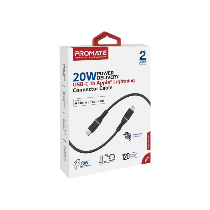 Кабель Promate PowerLine-Ci120 USB Type-C - Lightning (M/M), 2.2 A, 20 W, 1.2 м, Black