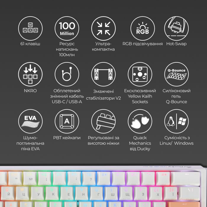 Клавіатура Ducky One 3 Mini Cherry MX Brown RGB UA USB White (DKON2161ST-BUAPXPWWWSC1)