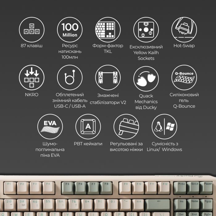 Клавіатура Ducky One 3 TKL Cherry MX Red UA USB Matcha Cream (DKON2187-RUAPXМAEGGC1)