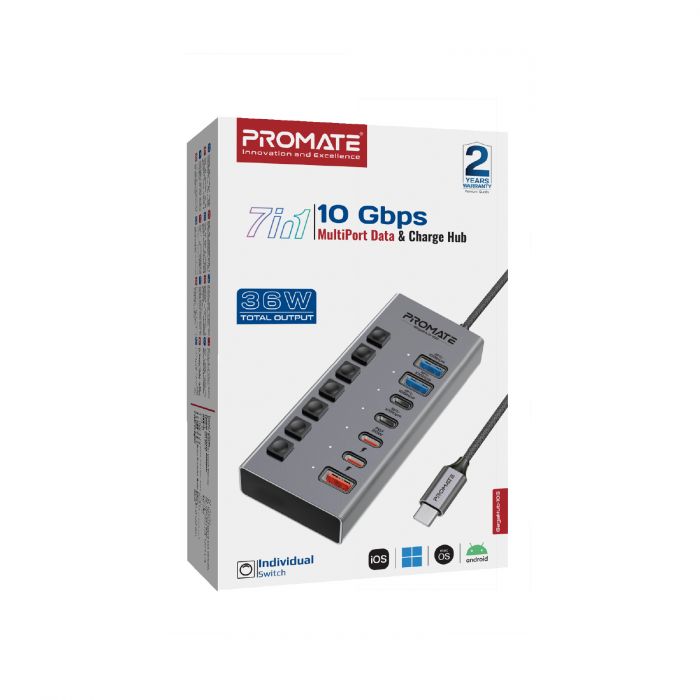 Концентратор USB Type-C Promate Gegahub-10G 7 in 1 Grey (gegahub-10g)