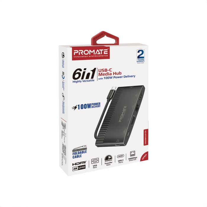 USB-хаб Promate MediaHub-C6 USB Type-C 6-в-1 Black