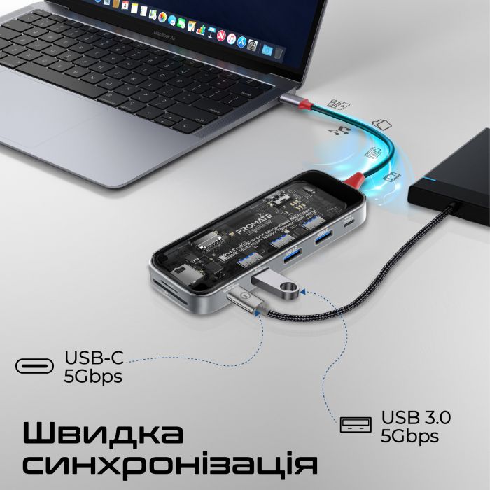 Концентратор USB Type-C Promate TransHub-Go 9 in 1 Grey (transhub-go)