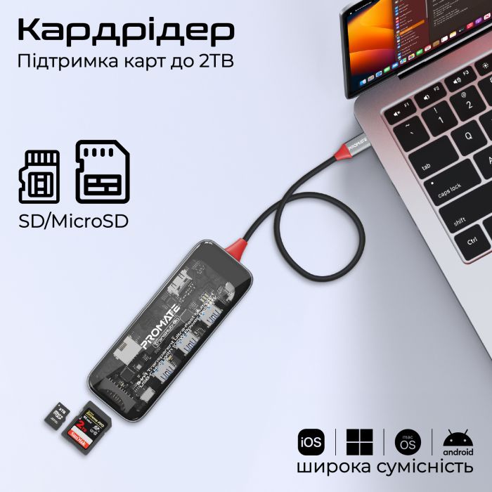 Концентратор USB Type-C Promate TransHub-Go 9 in 1 Grey (transhub-go)