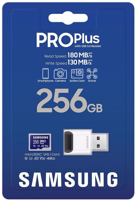 Карта пам`яті MicroSDXC 256GB UHS-I/U3 Samsung Pro Plus R180/W130MB/s + OTG Card reader (MB-MD256SB/WW)