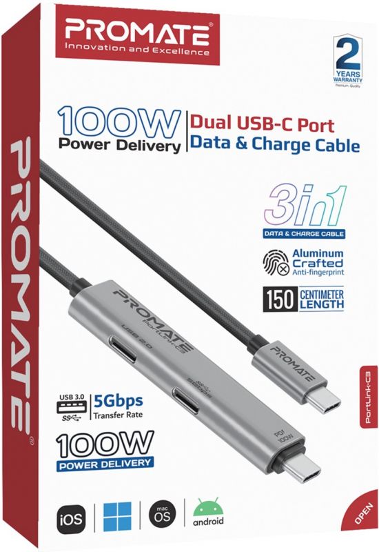 Кабель Promate USB Type-C - USB Type-C (M/M), 5A, 100W, 1.5 м, Black (portlink-c3.black)