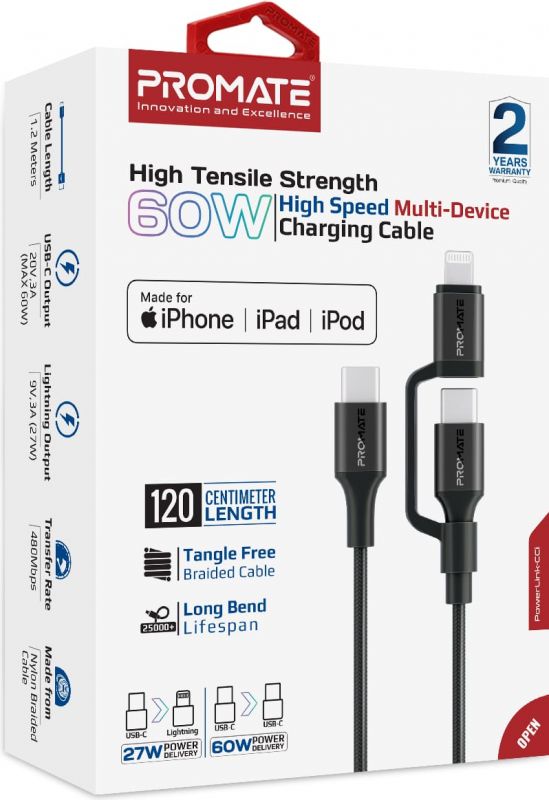 Кабель Promate USB Type-C - USB Type-C Lightning (M/M), 3A, 60W, 1.2 м, Black (powerlink-cci.black)