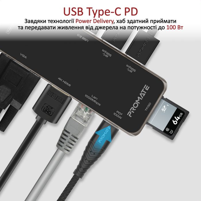 USB-хаб Promate PrimeHub-Pro USB Type-C Grey 