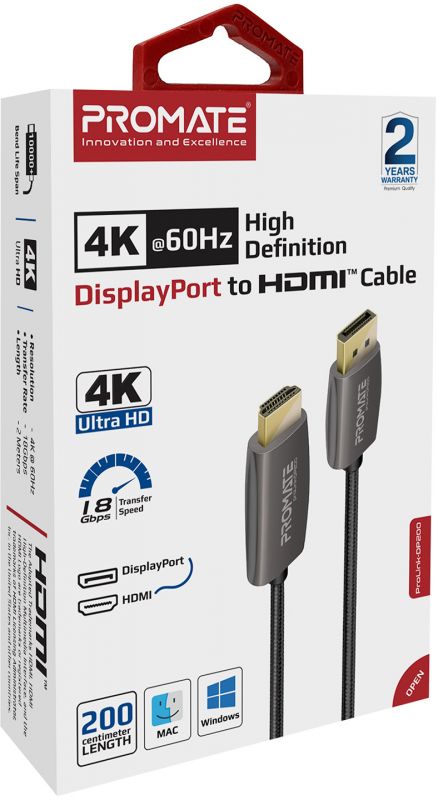 Кабель Promate DisplayPort - HDMI V 2.0 (M/M), 2 м, Black (prolink-dp200.black)
